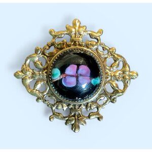 Sadie Green Domed Glass Black Pink Floral Brooch Pin Gold-Tone Signed